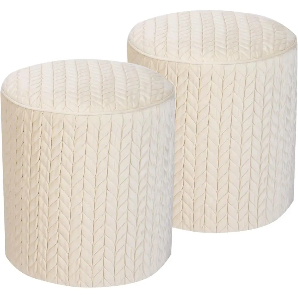 

White Velvet Upholstered 2-Piece Ottoman Set with Braided Stool for Vanity, Bedroom, or Living Room