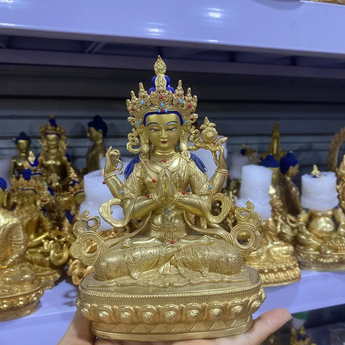 TOP Copper carving Exquisite Infinite Buddha statue Chaturbhuja Mercy Avalokiteshvara Buddhist family monk worship