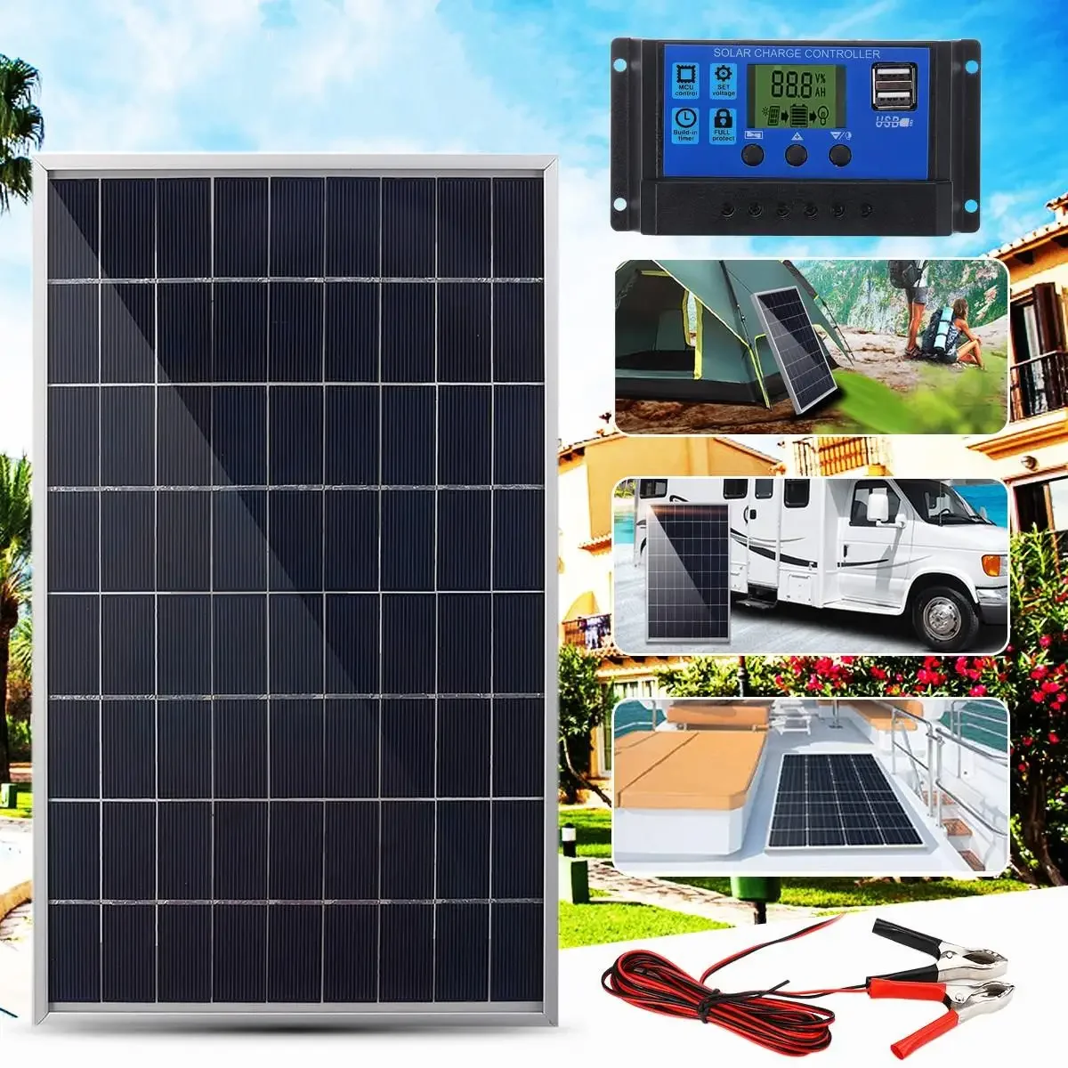 12V Motorhome Solar Panel Mono Crystalline Charger With Solar Charge Controller + Clip For Home Camping Outdoor Lighting