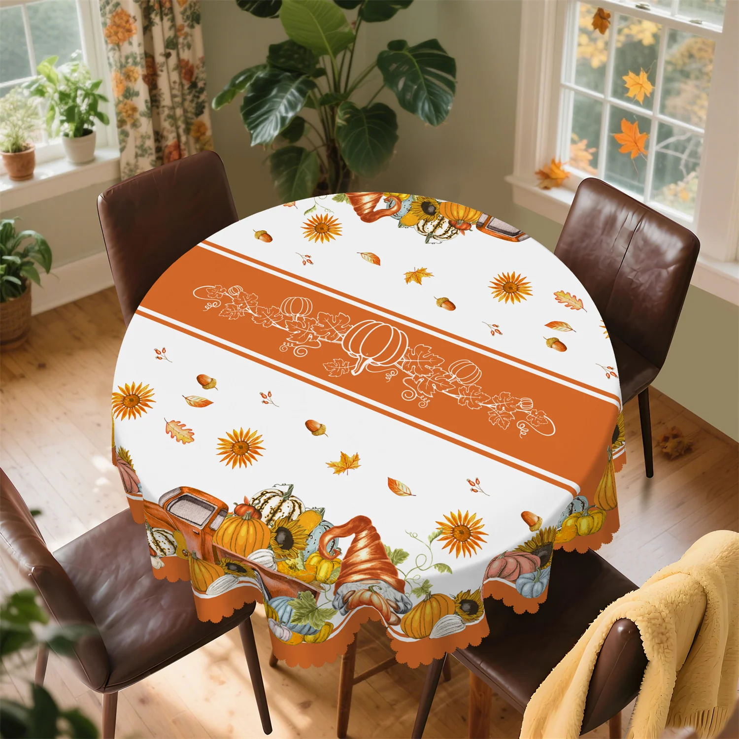 Brown frame pumpkin flower truck dwarf tablecloth - washable farmhouse style autumn harvest decorationzyc