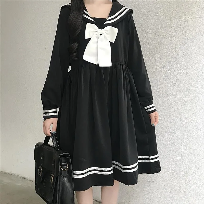 2025 New Summer Navy Collar A-Line Dress Women's Waist-Cinching Slimming Elegant Style Polyester Blend Long Sleeve Midi Dress