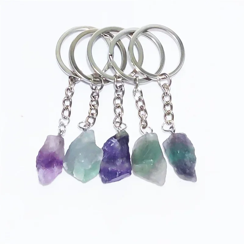 1pc Natural Raw Ore Green Fluorite Stone Key Ring Crystal Quartzs Keychain Women Men Handbag Mineral Keyring Jewelry
