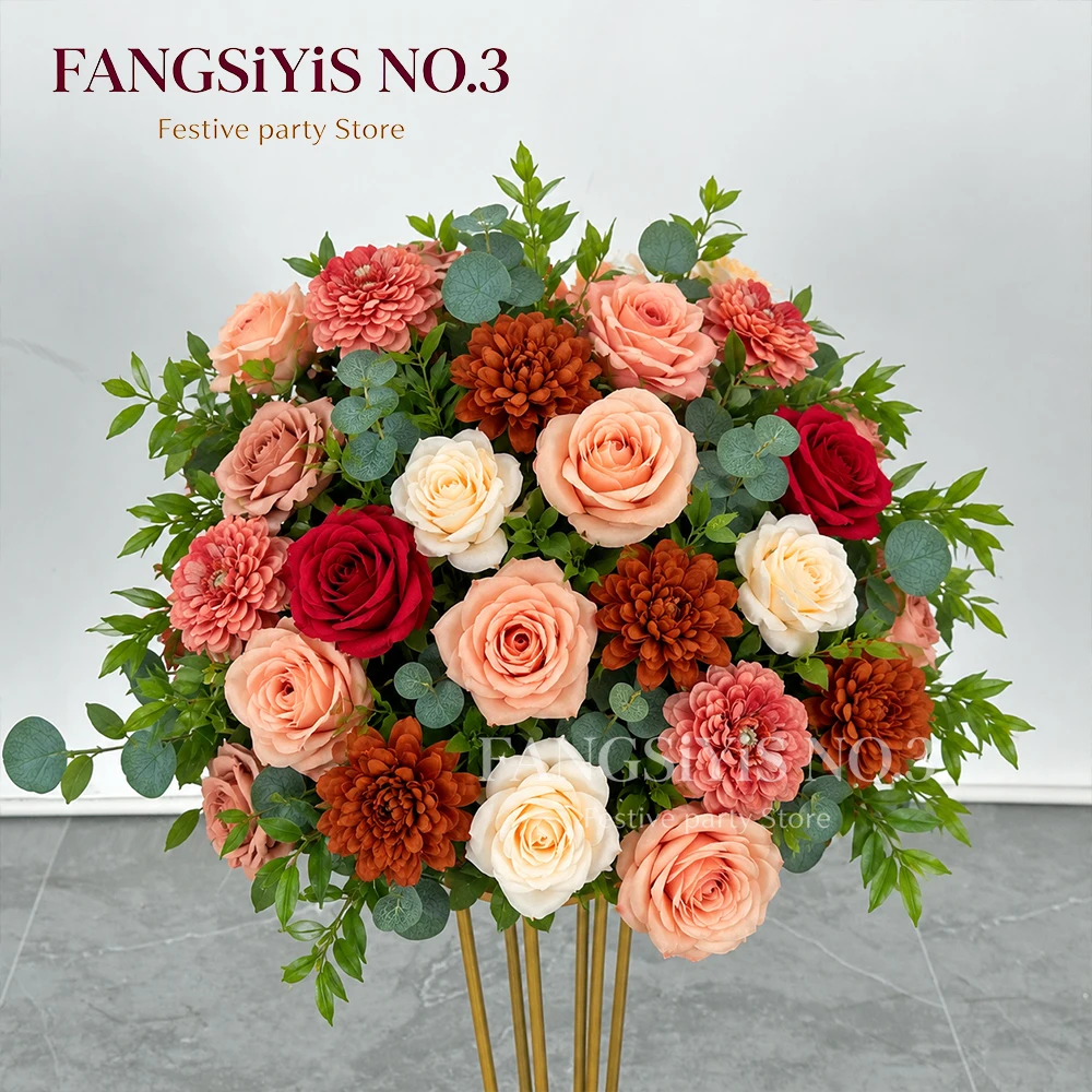 Vintage Red Orange Champagne Rose Artificial Corner & Floor Flower, Wedding Arch Backdrop Floral Decor for Party Photo Booth
