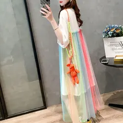 Sweet Rainbow Gauze Spliced Dresses Fairy Women's Clothing Casual Round Neck Summer New Short Sleeve All-match Korean Midi Dress