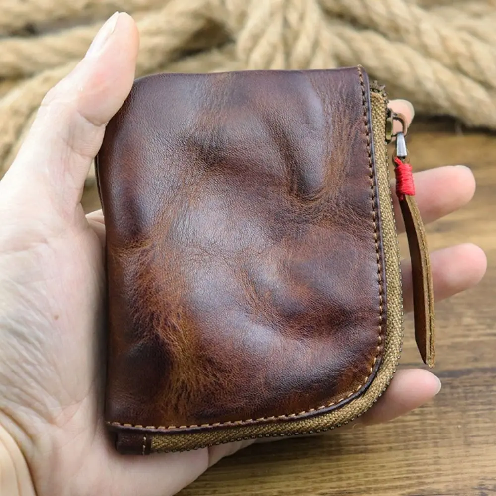 Unisex Leather Coin Purse Vintage Handmade Multi-colors Zipper Wallet Cardholders Key Card Holder Bag for Women & Men