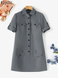 ZANZEA Fashion Cargo Dresses Women Summer Mini Dress Daily Casual Work Wear Commute Vestidos Short Sleeve Button Up Short Robes