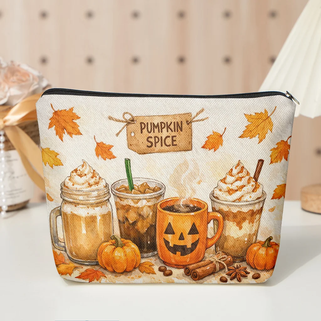 Autumn Maple Makeup Bag Suitable for Travel Daily Use Double Sided Linen with Zipper Closure Foldable Portable Pouch