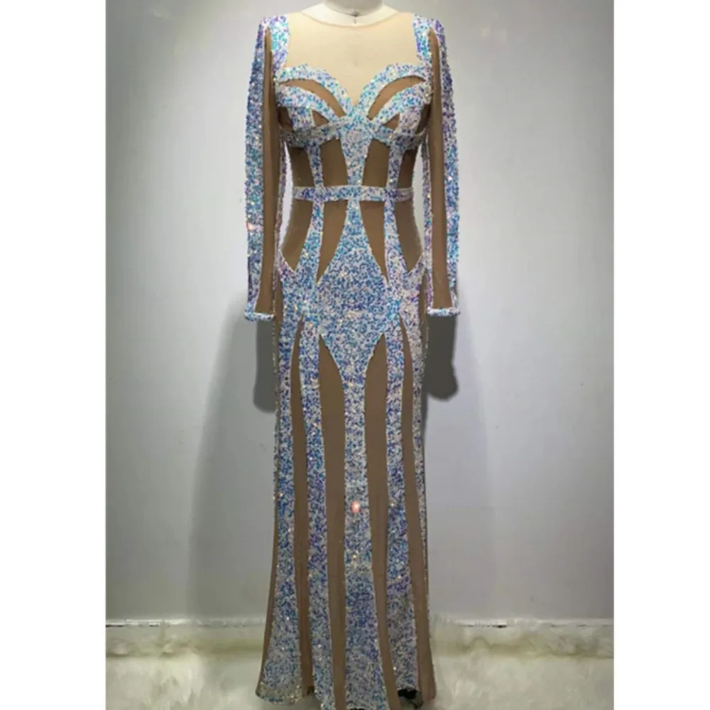 

New Apricot Color Mesh Long Sleeve Elegant Sequined Casual Dress Evening Dress VIP Wedding Party Evening Dress