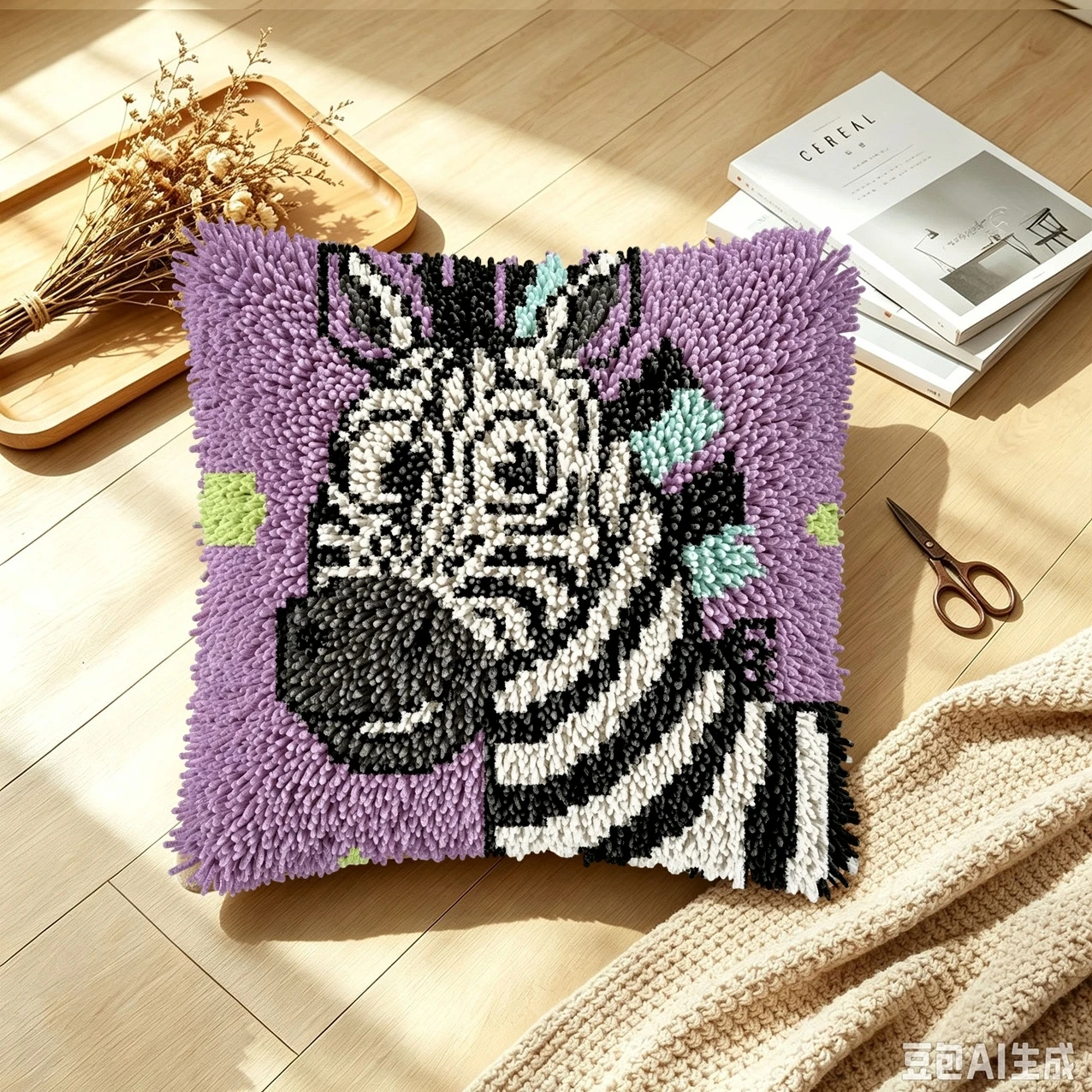1 Set Zebra-Kopf-Knoten-Kissen-Set mit Häkelnadeln, Kissenbezug-Set für Handarbeiten, Häkelnadel-Sets, DIY, anfängerfreundlich zum Sticken – Detail 2