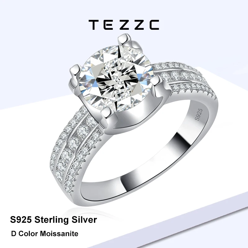 Tezzc Hot Selling 2-5ct Moissanite Ring For Woman 925 Silver Plated With White Gold Luxury Engagement Wedding Rings Jewelry Gift