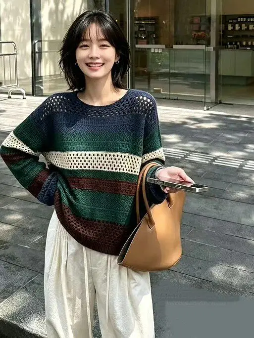 Large Size Retro Color Block Striped Hollow Knitted Sweater Women's Loose Soft Long Sleeve Casual Style Autumn Fashion Top