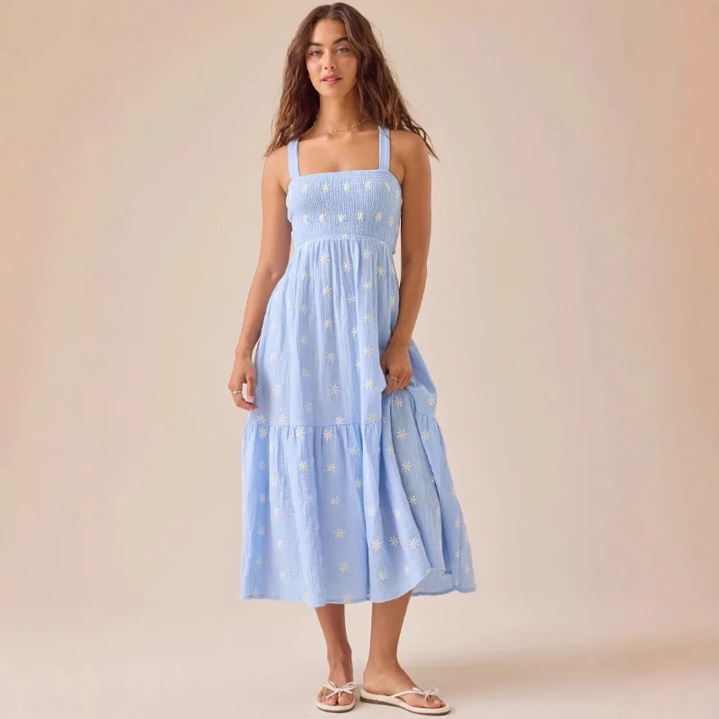 

Women Summer Daisy Embroidery Midi Dress Spaghetti Strap Back Tie Tiered Ruffle Sundress Beach Vacation French Long Dress