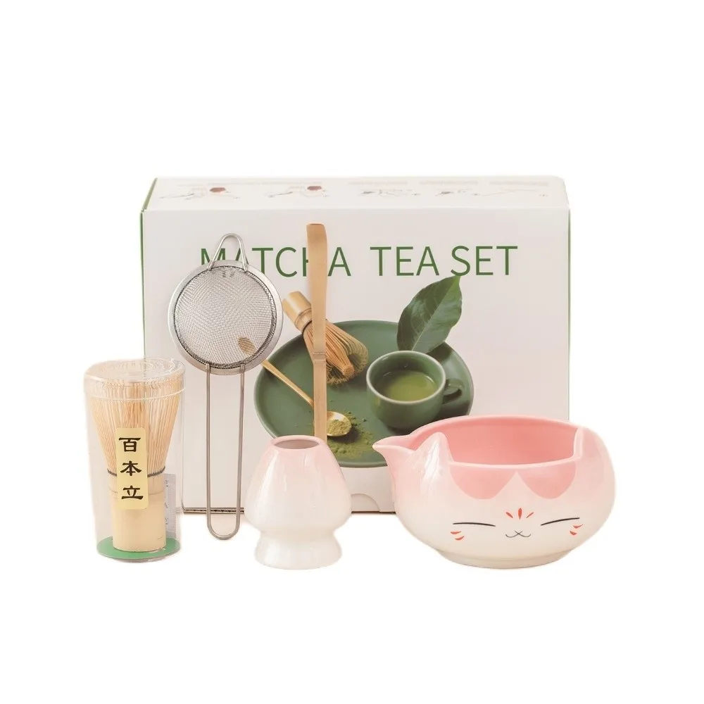 2/5/7pcs Ceramic Bowl Matcha Tea Set Bamboo Whisk Pink Color Japanese Tea Whisk Gift Box With Spout Matcha Brewing Kit