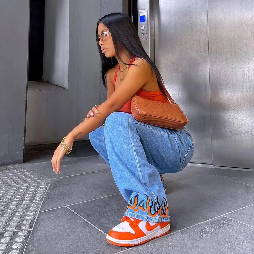 Blue Denim Flame Print Streetwear Loose Jeans Zipper High Waist Bad Guy Clothes Straight Leg Pants Ladies Pocket Trousers