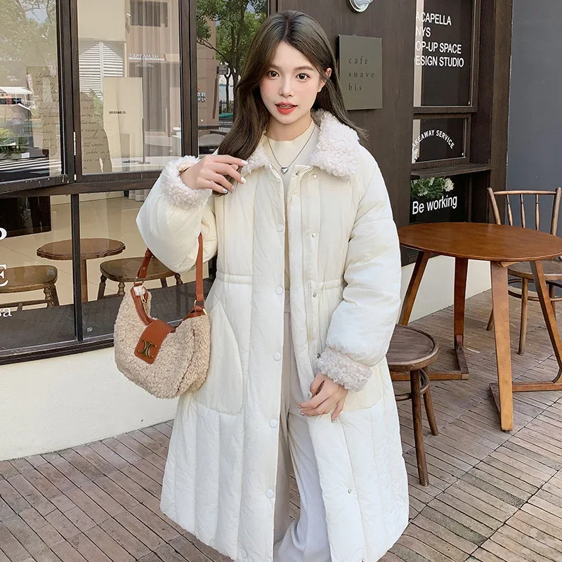 PinkyIsBlack 2024 New Lamb Collar Long Down Cotton Women's Jacket Winter Korean Solid Color Single Breasted Loose Coat Clothes