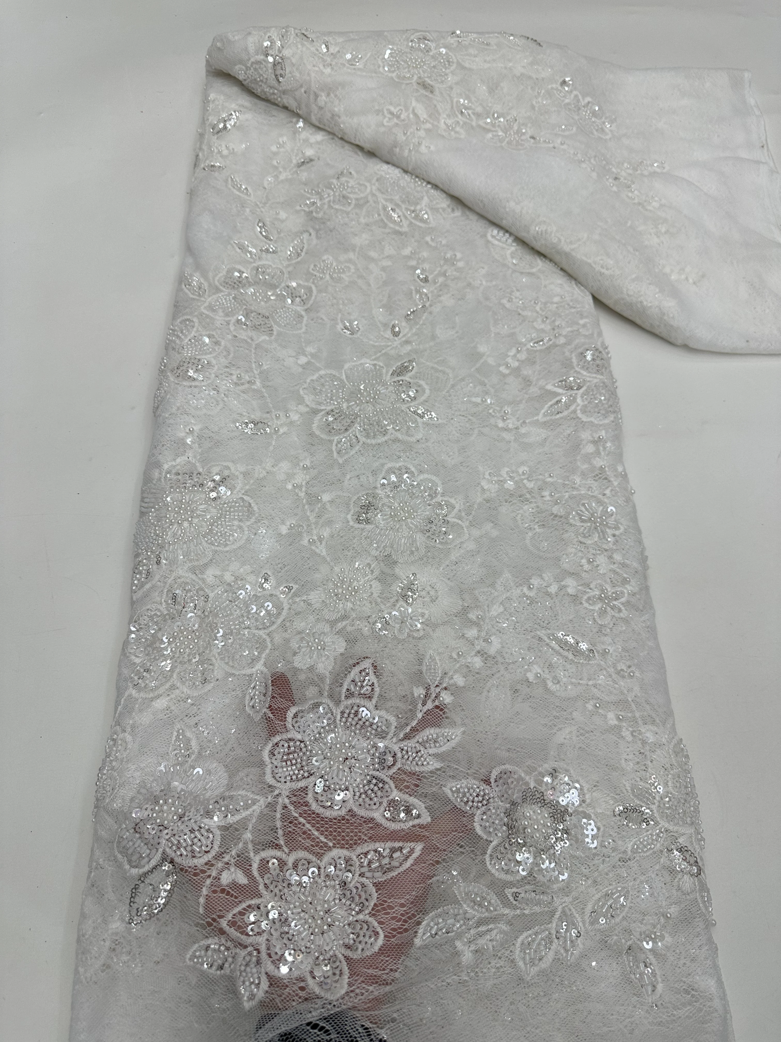 

African 2026 High Quality Mesh Sequins Embroidery Beaded Tulle Nigerian Lace Fabrics For Bridal Material Wedding sewing