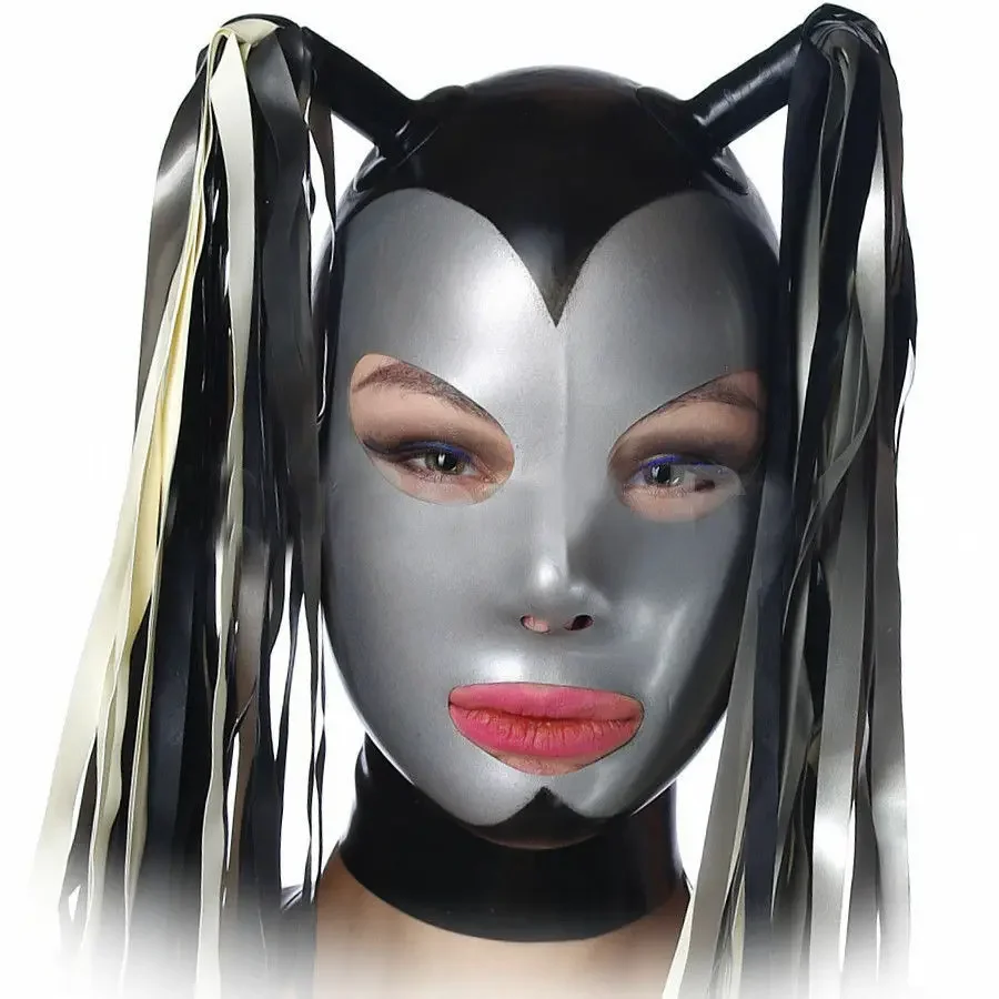 

Sexy Latex Hood Rubber Mask with Tails for Catsuit Unisex Party Wear Halloween Cosplay Costumes for Women