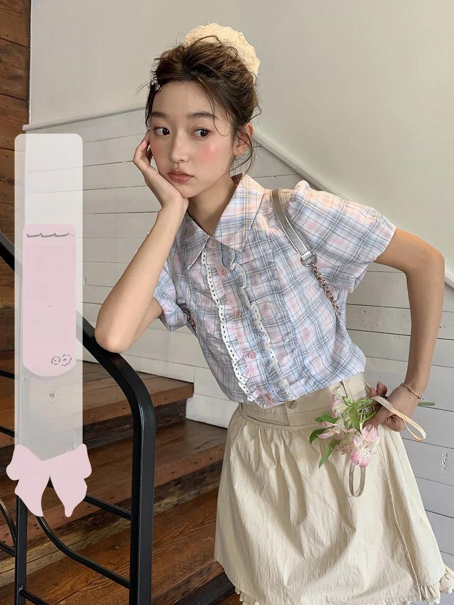 

Sweet Style Short Sleeve Shirt Women's Gathered Ruffle Collar Blouse Floral Lace Trim Loose Fit Polyester Cotton Viscose Blend