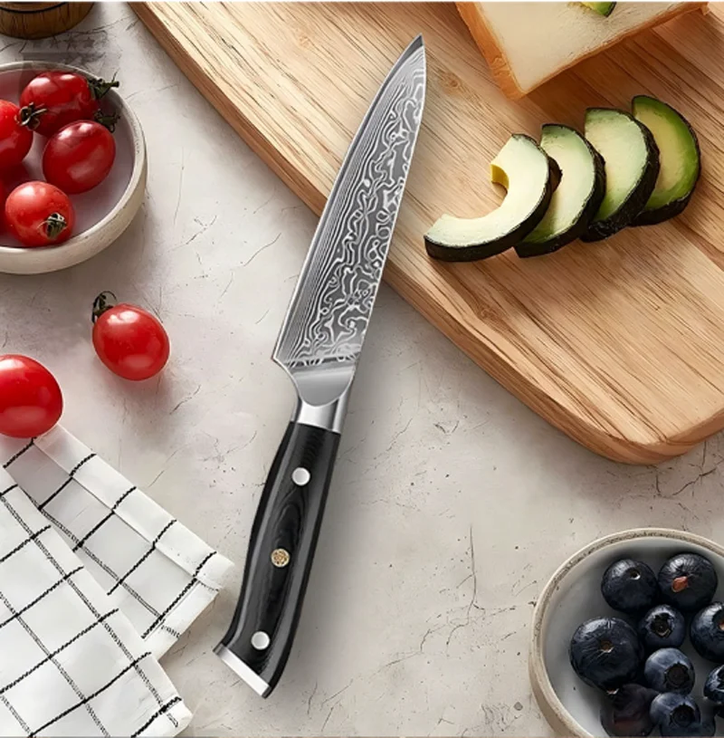 WILDMOK 5 Inch Utility Knife 67 Layers Damascus Steel Blade G10 Handle,Multi‑purpose Kitchen Knife for Fruit Vegetable Food Prep
