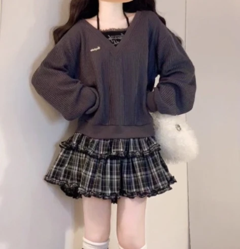 ربيع الخريف حجم كبير كلية محبوك الفرنسية منقوشة فستان قصير Y2k فتاة وهمية قطعتين طويلة الأكمام فساتين كعكة اليابانية #3