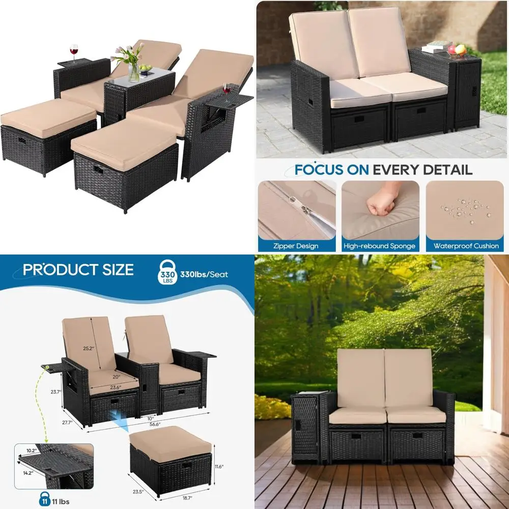 

Outdoor Wicker Chaise Lounge Chairs - Rattan Reclining Patio Furniture Set with Ottoman and Coffee Table