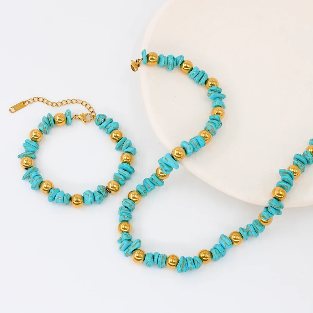 

Boho Vintage Stainless Steel Turquoise Necklace Bracelet Women New Gold Color Chains Necklace Party Vacation Jewelry 2023