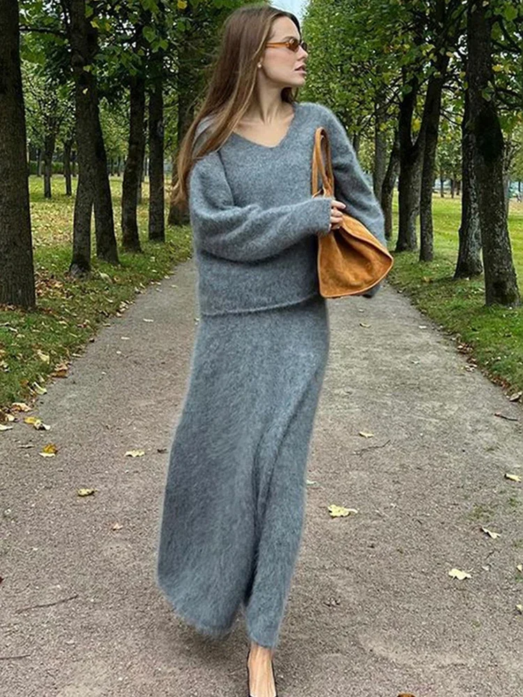 Trendix Faux Mink Knit Sets Women Autumn Loose Long Sleeve Pullover Sweater Winter High Waist Elegant Skirt 2 Piece Suits Femme