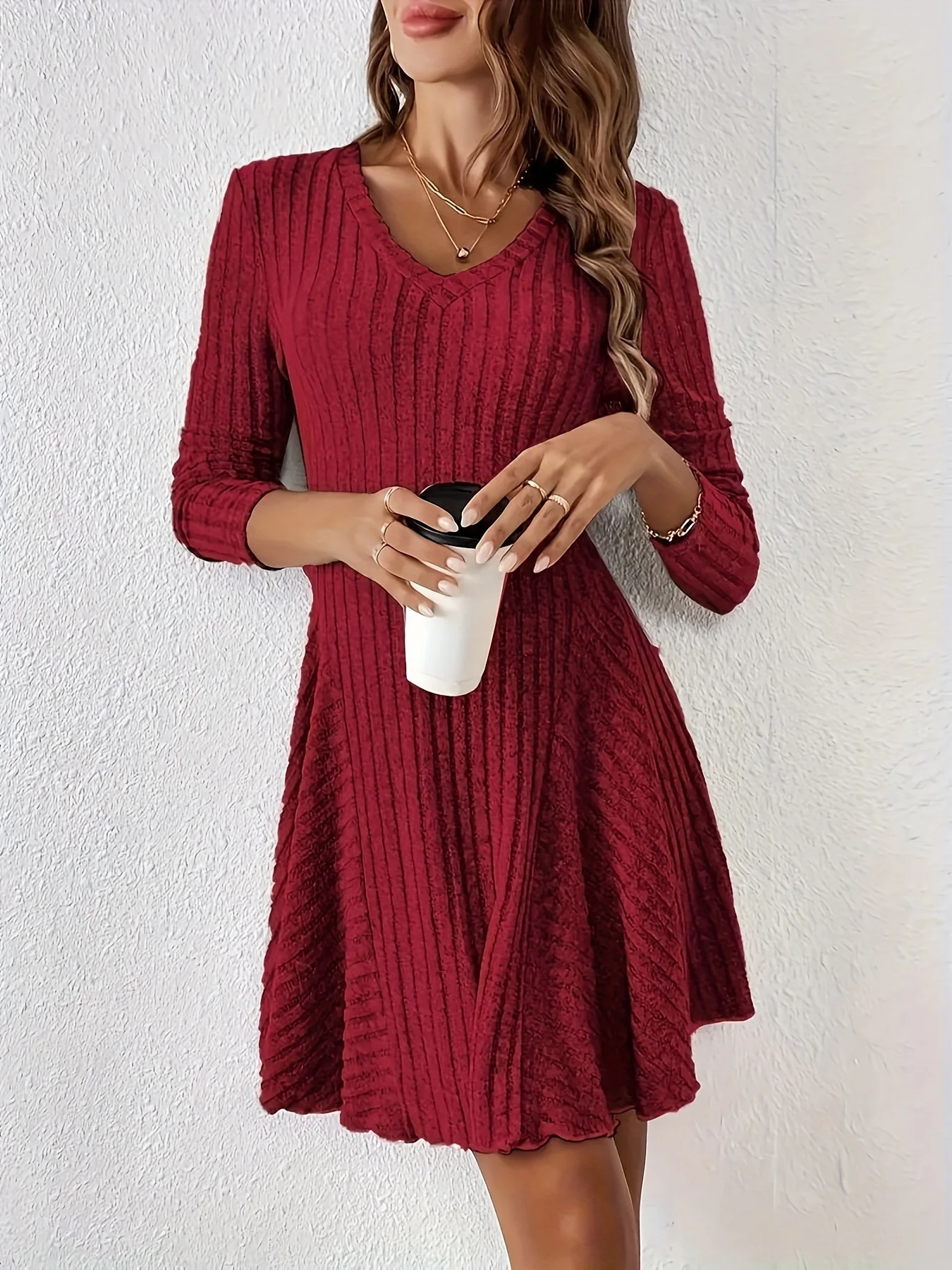 

Fashionable Ruffled V-neck Short Sleeved Dress Women Solid Color Spring Casual Loose Fit Fan Girl Dress For Women 2025