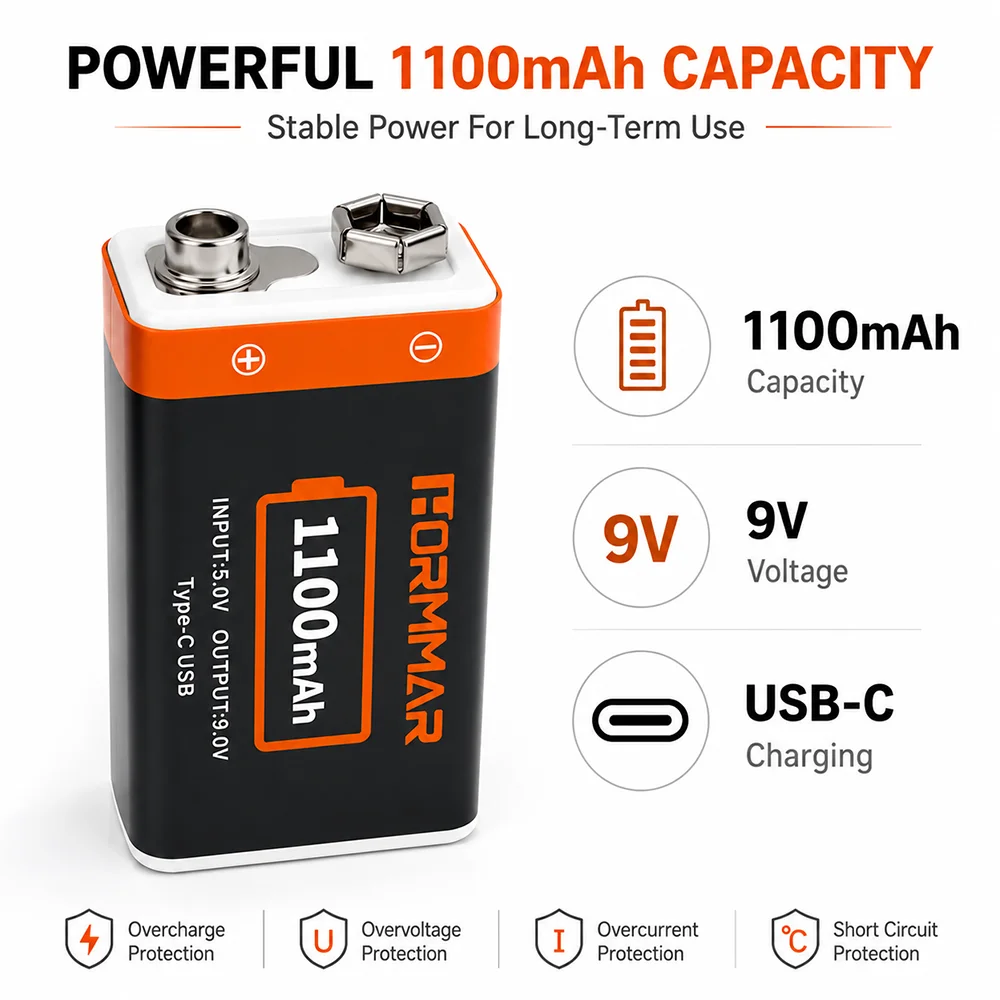 9V 1100mAh Li-ion Rechargeable Battery USB-C Charge 500+ Cycles with Cable for Guitar Microphone Smoke Detector Pedal