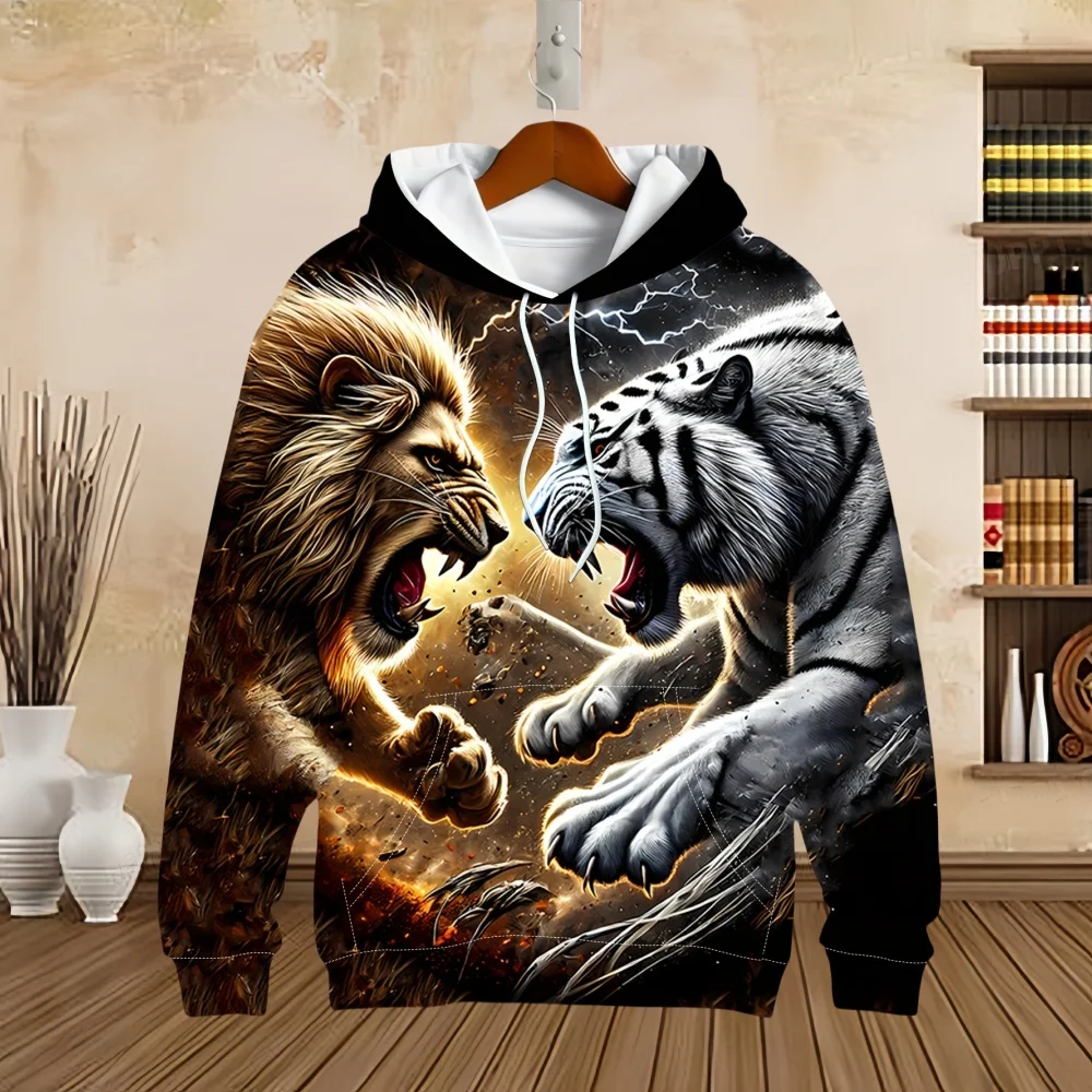 2024 Vintage Men's Hooded 3D Printed Battle Animal Pattern Sweatshirt Drawstring Sport Kangaroo Pocket Top Casual Men's Clothing