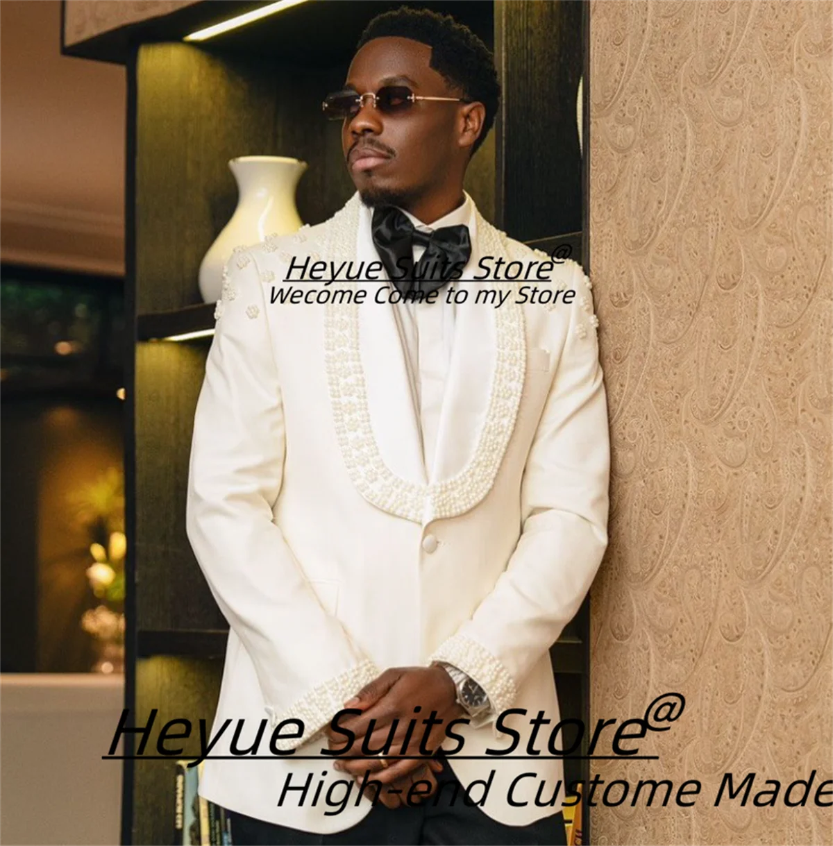 

Luxuly White Bead Embroidery Groom Wedding Tuxedos Customized Slim Fit Shawl Lapel Men Suits 2 Pieces Sets Male Party Blazers