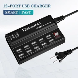 12-Port Smart USB Charger Tablet Phone Charger Adapter USB Charging Station Fast Charger for iPhone iPad Huawei Xiaomi Samsung