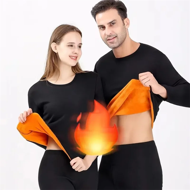 Inverno masculino roupa interior térmica para mulheres define longo johns quente sólido macio casual dupla face veludo de pelúcia topo com calças