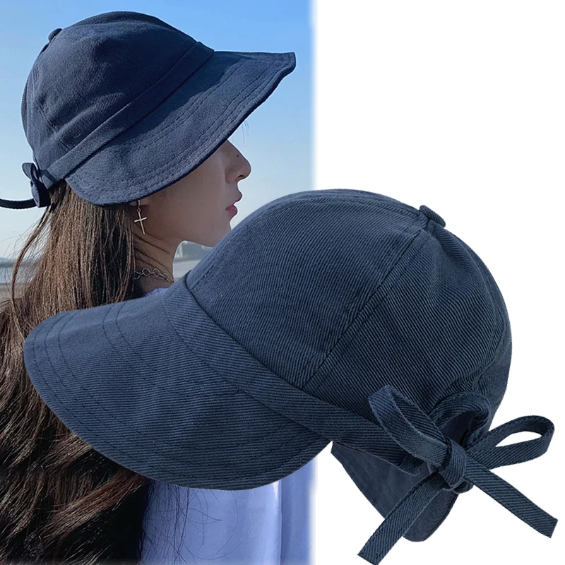 Summer Sunshade Bucket Hats Baseball Cap Simple Solid Color Bowknot Hat Sunscreen Visor Wide Brim Adjustable for Women Outdoors