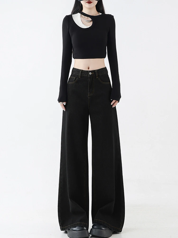 

High Waist Wide Leg Straight Cut Jeans for Women in Black Color Slimming for Pear Shaped Body Korean Style Casual Wear