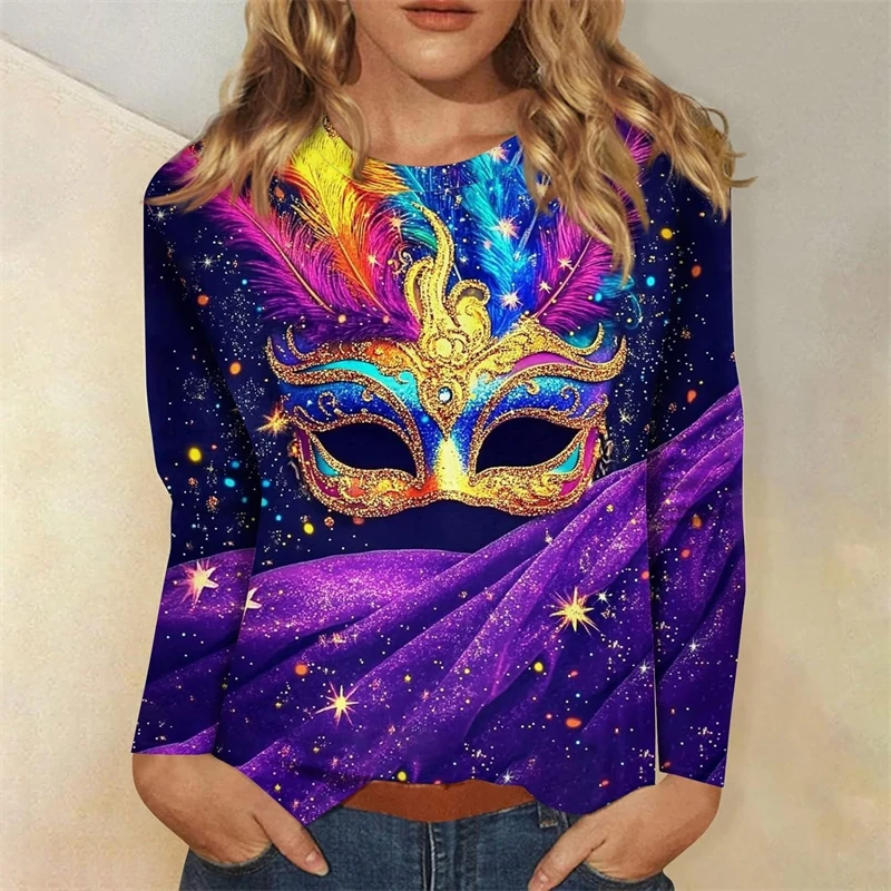 Mardi Gras Mask Print Women Sweatshirt 2025 New Design Graphic Round Neck Sweatshirt Carnival Streetwear Fashion Trend Hoodie