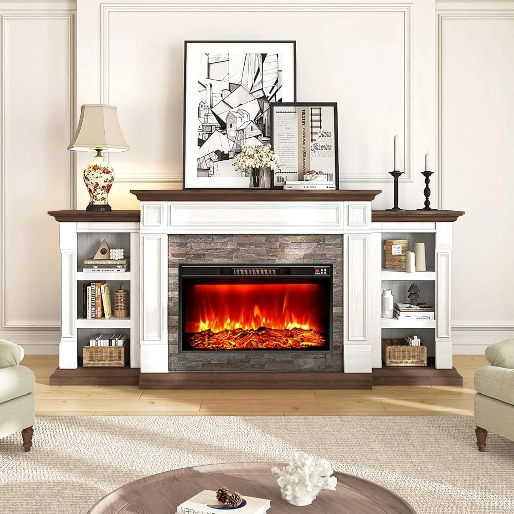 حامل تلفزيون مدفأة مقاس 80 بوصة لأجهزة التلفاز حتى 90 بوصة، مدفأة كهربائية مع رف، مركز ترفيه المزرعة مع مساحة تخزين