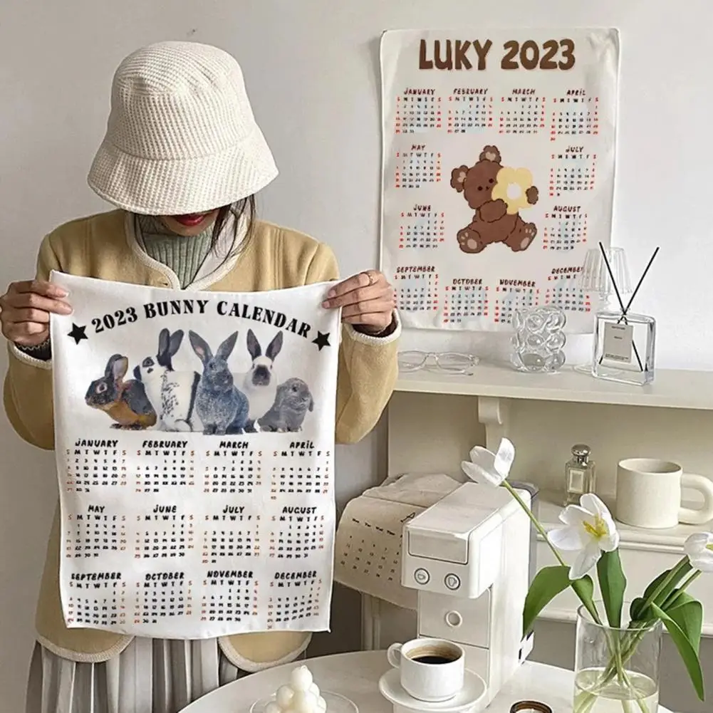 Coelho ano pendurado calendário pano, calendário de parede macia, decoração bonita, 2023