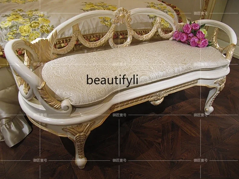 

B06 European-style bedroom furniture, solid wood hand-carved fabric, bedside stool, bedroom sofa