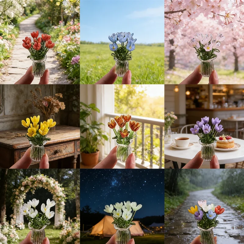 2026 NEUES Miniatur-Glasblumenarrangement-Set ​   6/7-teiliges Set mit Vase, Exquisite Handgefertigte Kunstwerke |   Bezaubernde Dekoration für Regale, Büro