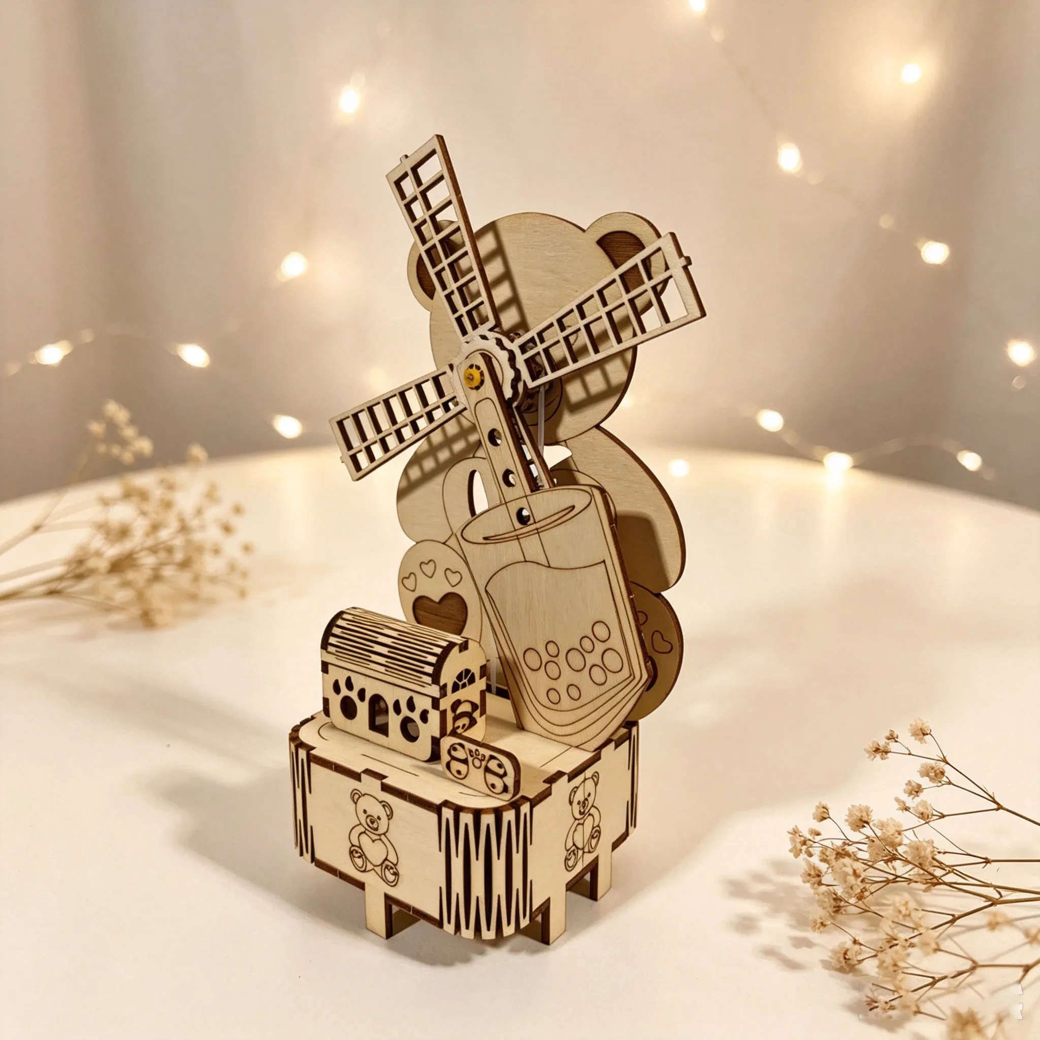 3D Puzzle, Wooden Windmill, Bear, and Milk Tea Music Box Assembly Kit, DIY Model Kit, Home Desktop Decor, Holiday Gift Craft