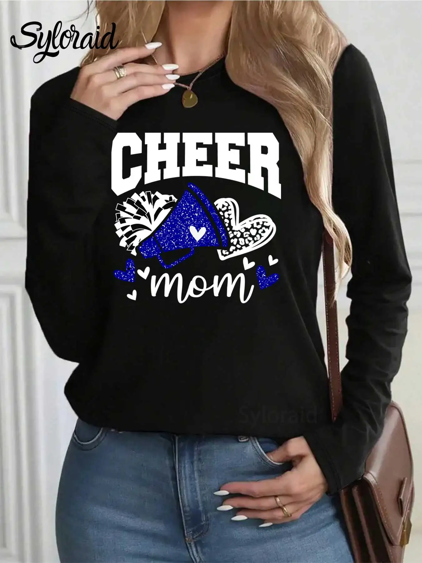 تي شيرت نسائي بأكمام طويلة تي شيرت Cheer Mom جرافيك تي شيرت Coquette Bow Shirt Game Day تي شيرت عصري برقبة دائرية كاجوال #2