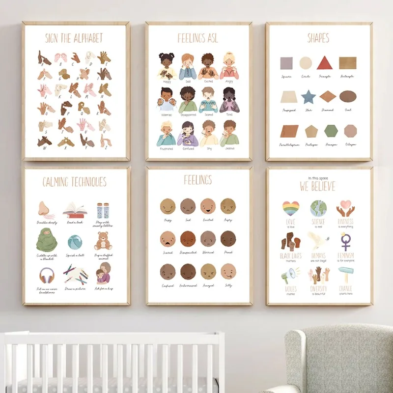 Preschool Educational Posters Prints Canvas Painting Wall Art Alphabet Emotional Season Learning Pictures for Kids Nursery Decor