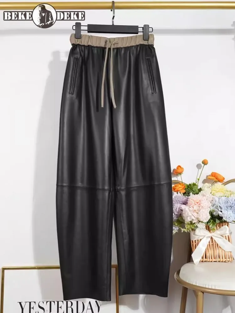 

Autumn New Women Elastic Waist Casual Straight Long Pants Sheepskin Genuine Leather Harem Pants Streetwear Mixed Colors Trousers