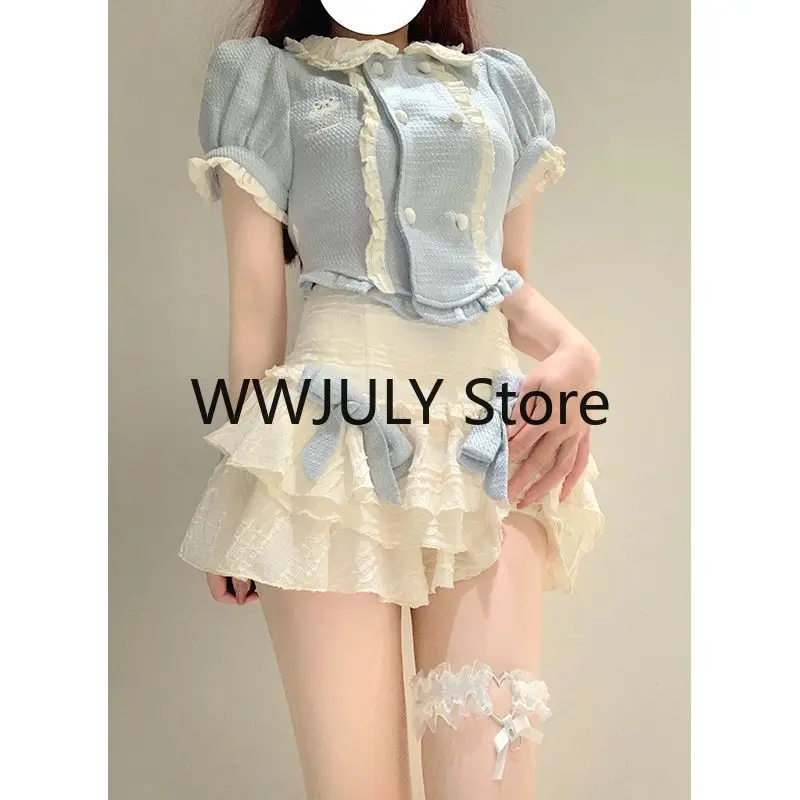 Summer Lolita Kawaii Two Piece Set Japanese Women Sweet Cake Skirt Female Korean Cute Puff Sleeve Blouses Blue Mini Skirt Suit