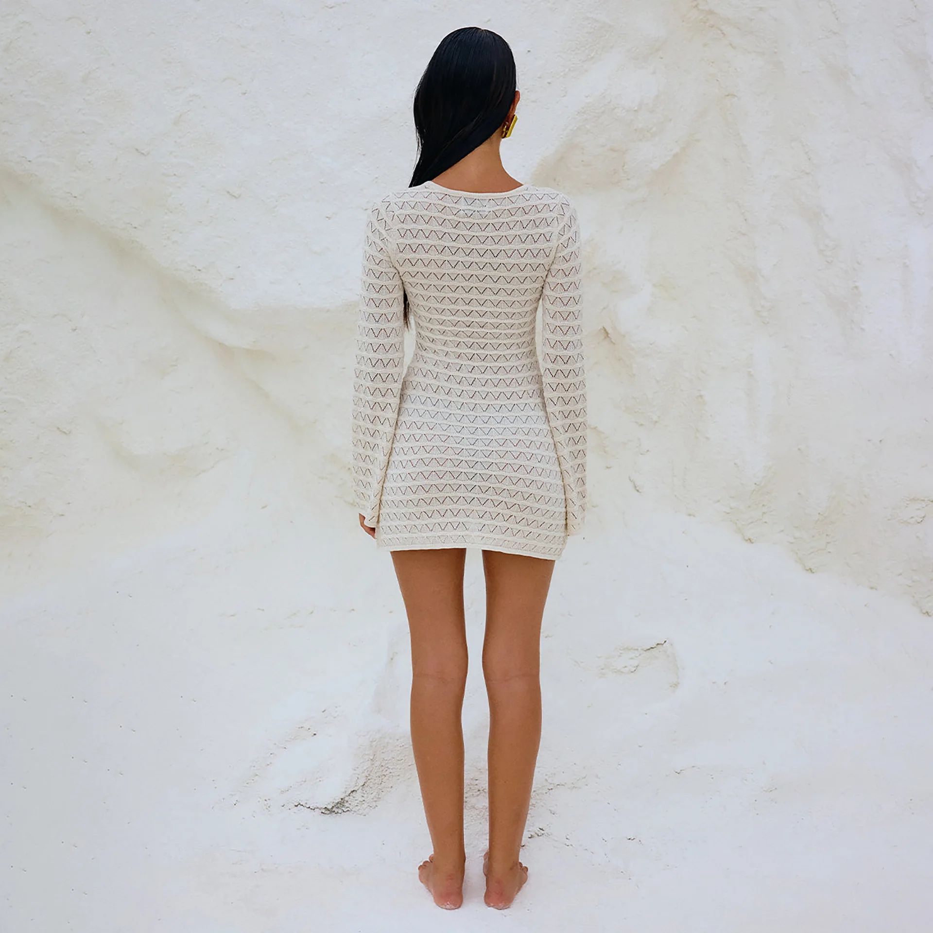 2025 New Sexy Pure Color Knitted Beach Bikini Swimwear Cover up Sun Protection Women's High Waist Ele Sle Long Sve S...