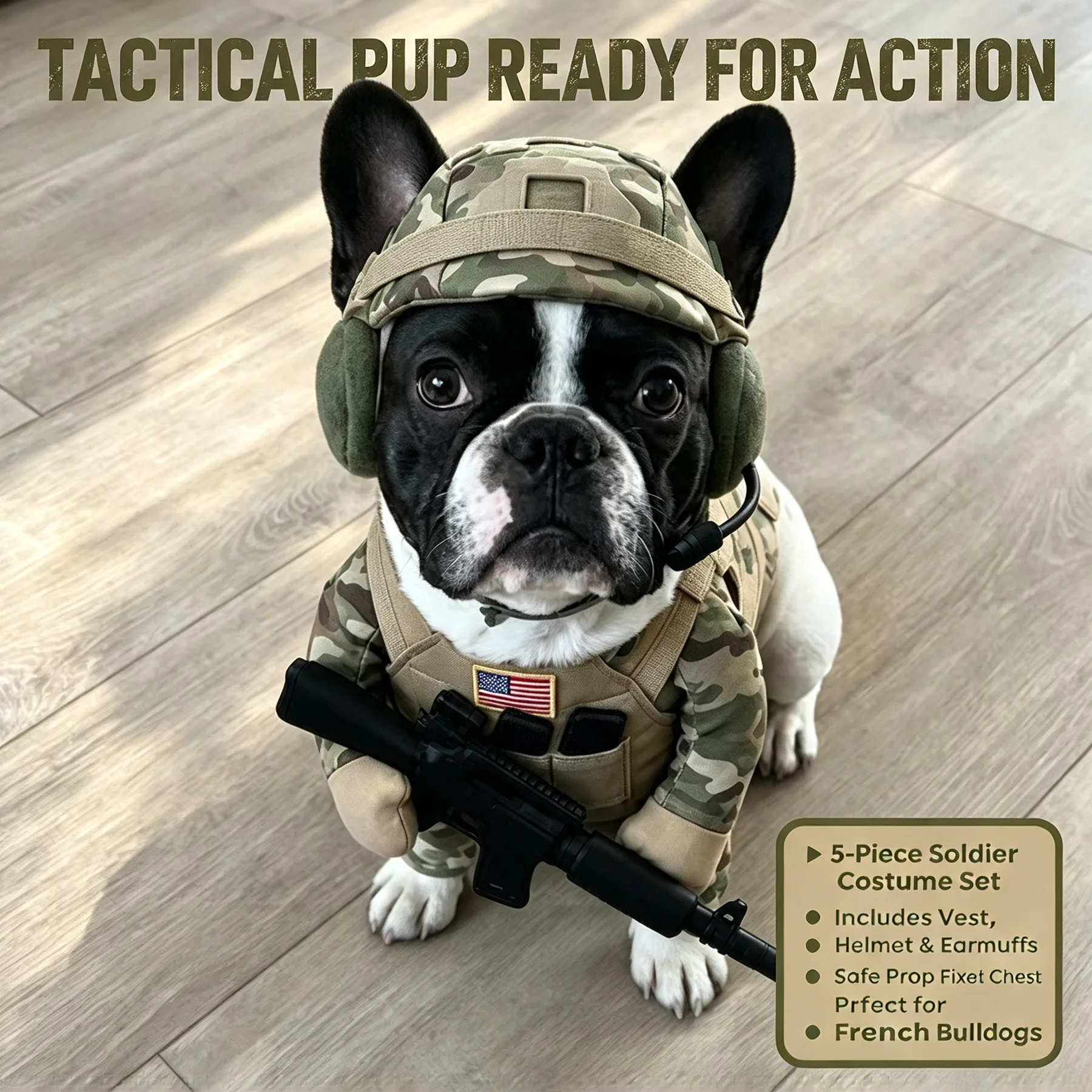 Dog Soldier Costume Set Camouflage, Tactical Vest Helmet Gun Prop, Pet Clothes For French Bulldog, Small Medium Dog Halloween Gi