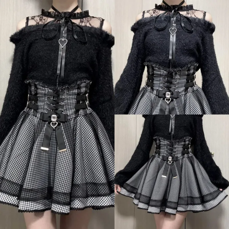 Bow Checkered Dresses Top Set Y2K Tie Up Love Skirt Furry Off Shoulder Top Tie Up Waist A-line Short Skirt Two-piece Suit New