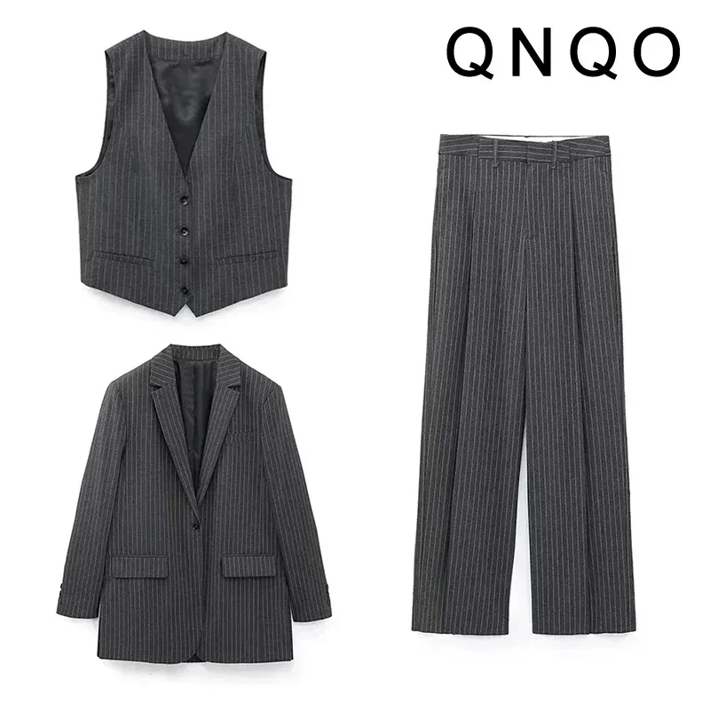 QNQO Striped 2 Pieces Pants Sets Women Blazers Coat Fashion Office Lady Women's Suits 2024 New Vintage Elegant Trousers Sets