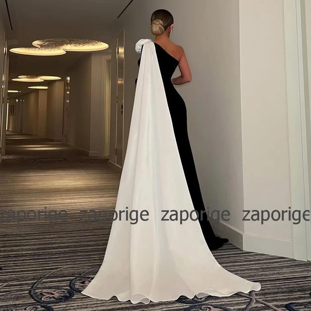 Fashion Prom Dresses 2024 Saudi Contrast Color Black&White Jersey Flower Draped Watteau Train Bespoke Occasion Gown Long Dresses